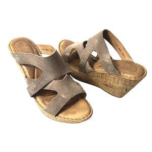 Born Tan Suede Wedge Cork Sandals Womens Sz 11 M Slip On Open Toe Comfort Casual